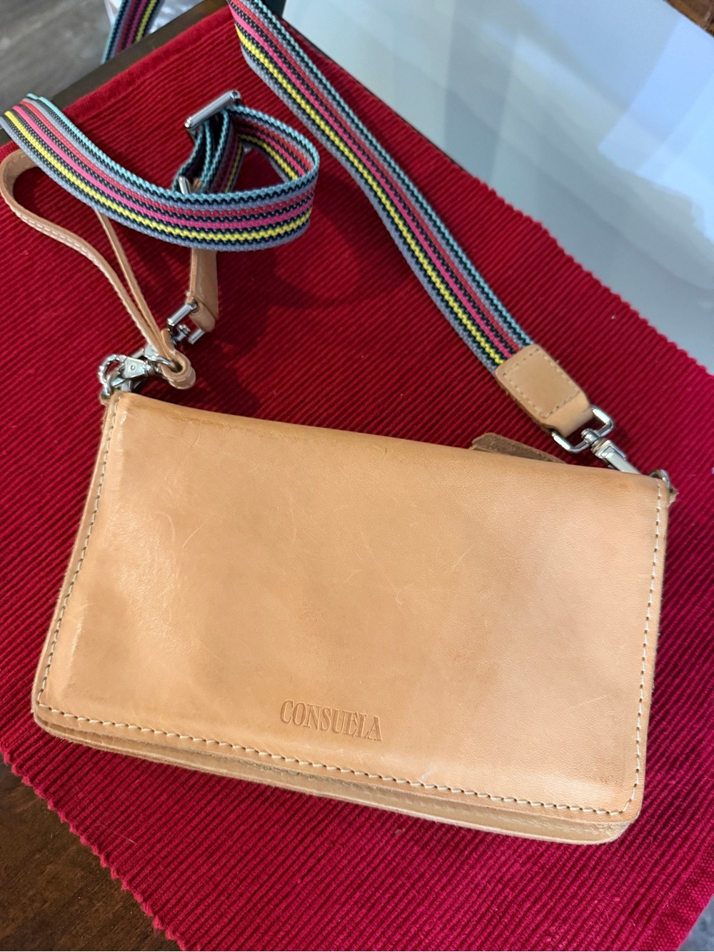Consuela Tan Leather Crossbody with Multicolor Striped Strap